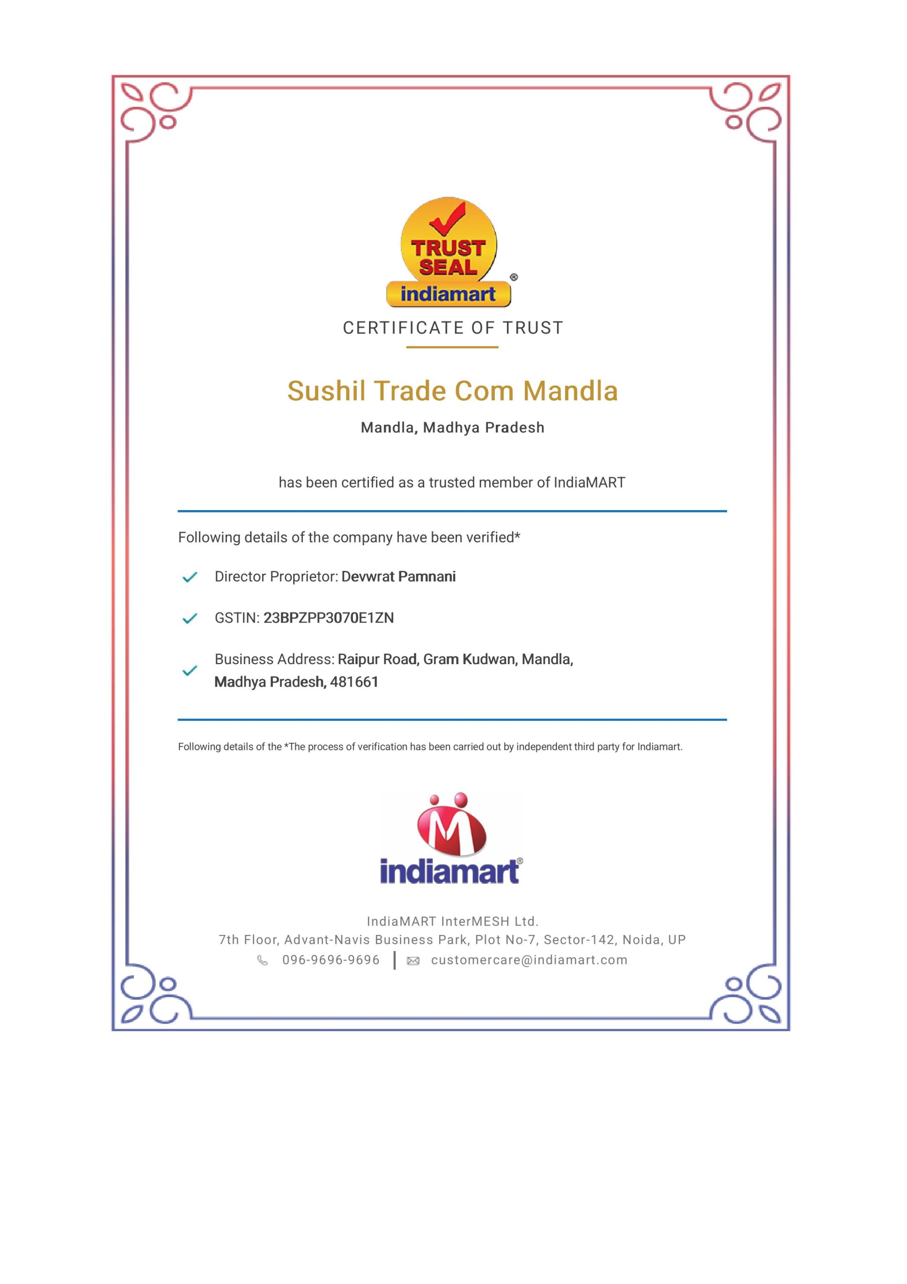 IndiaMart Trust seal Certificate